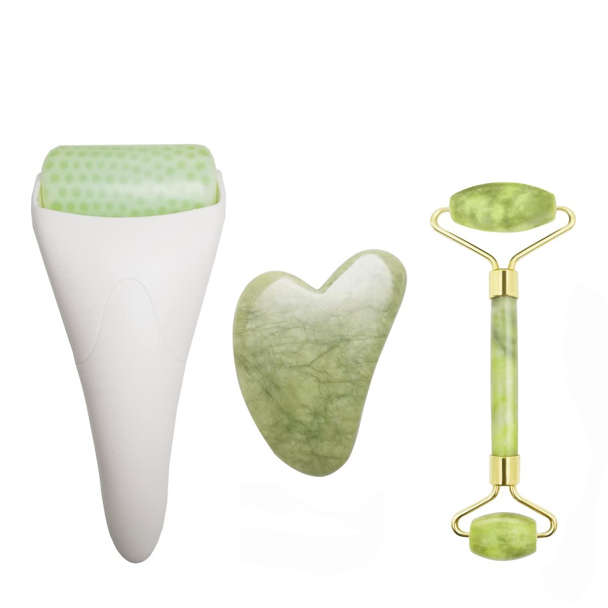 Chikoni 3 in 1 Ficial Face Ice Jade Roller and Gua Sha Tool, Natural Real Jade Anti-Wrinkle Face Eye Neck Massager Tool, Reduce Wrinkles, Puffiness, Migraine, Redness, Pain and Injury