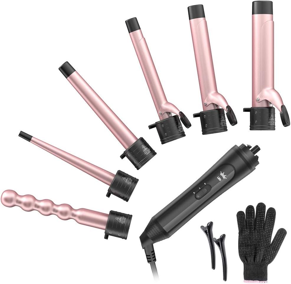 6-in-1 Curling Iron, Professional Instant Heat Up Hair Curling Wand Set with 6 Interchangeable Ceramic Barrels (0.35” to 1.25”) and 2 Temperature Adjustments, Heat Protective Glove & 2 Clips