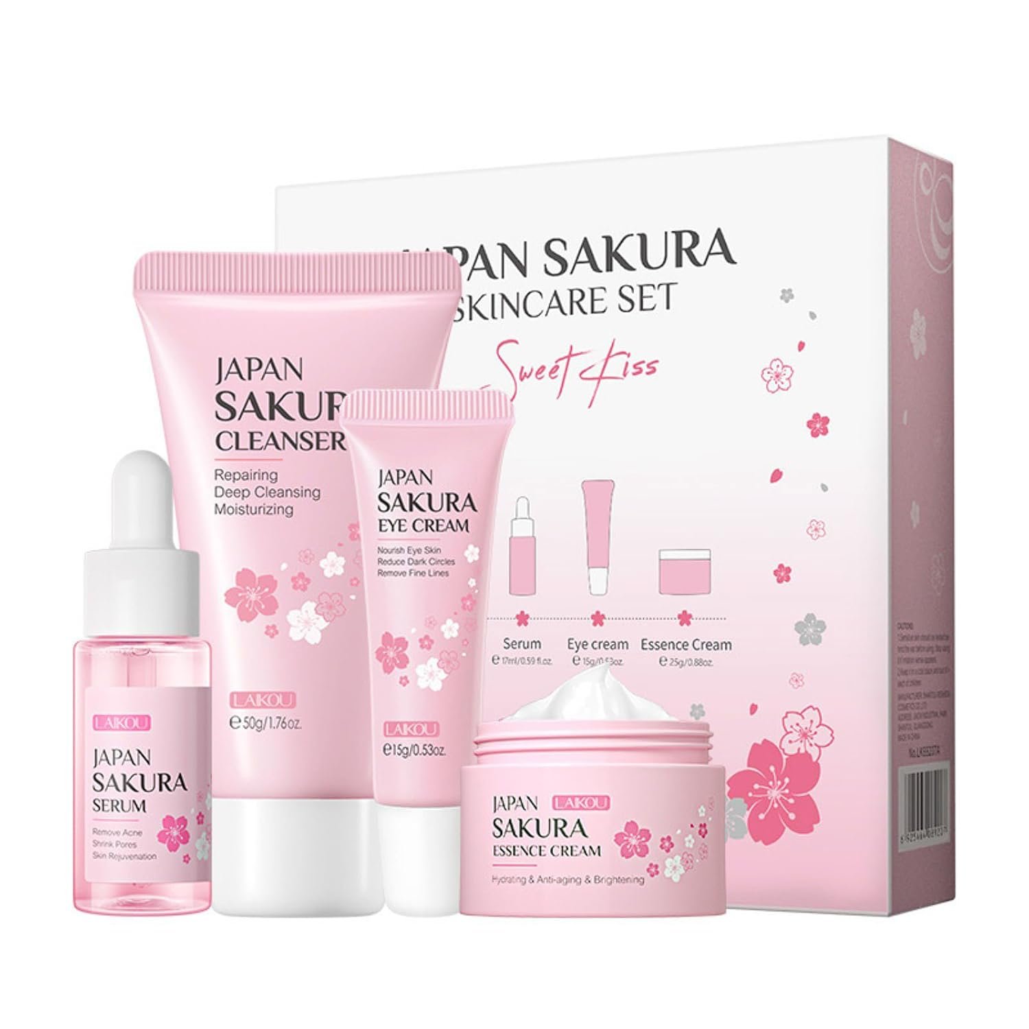 Skincare Kit – Sakura Travel Korean Skin Care Set for Teen Girls & Women | Hydrating Cleanser, Anti-Aging Serum, Moisturizer, Eye Cream – Radiant Skin Gentle Mini Holiday Box Gift (4PC)