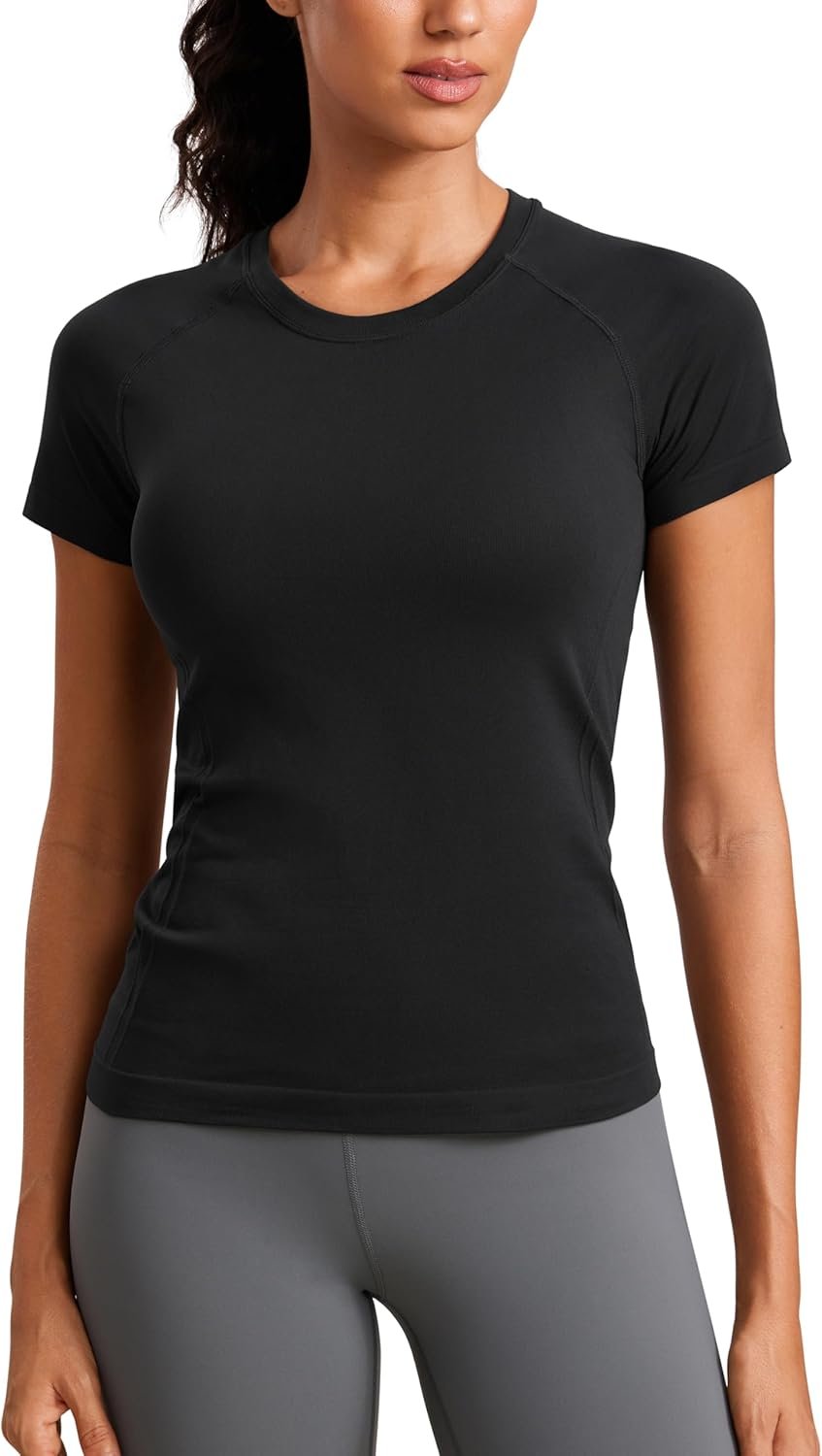CRZ YOGA Seamless Workout Tops for Women Hip Length – Athletic Running Gym Yoga Short Sleeve Shirts Breathable Crewneck Tees