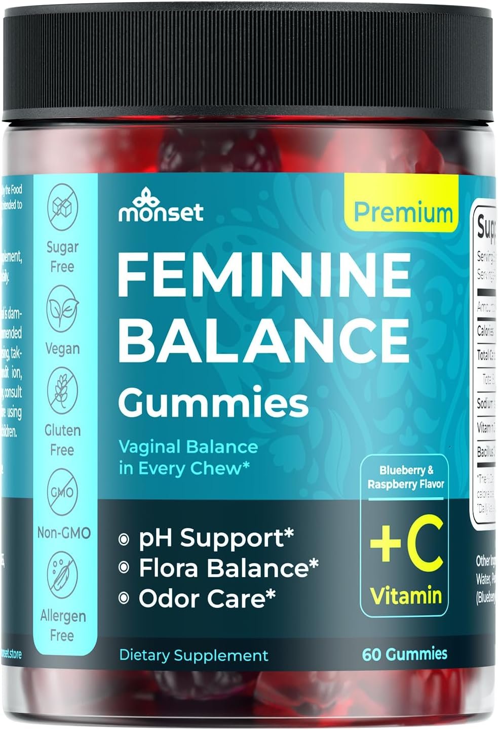 MONSET Feminine Balance Gummies for Women – Vaginal Probiotics for Women pH Balance & Odor Control – 60ct Prebiotics and Probiotics for Womens – Berry Flavor Vaginal Health Supplement