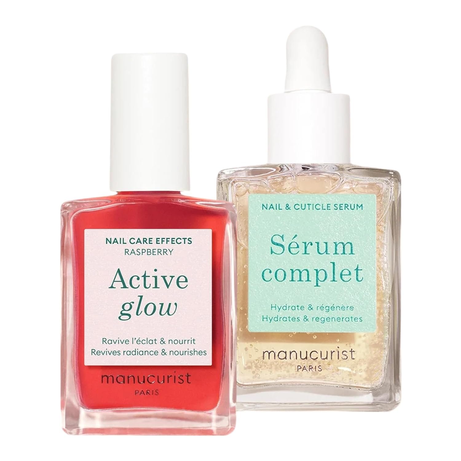 Manucurist Healthy Glow Duo – Active Glow Raspberry (Pink) Repairing Nail Polish Care & Complete Nail & Cuticle Serum – 2 in 1 Nail Strengthener Polish – Plant-Based Formula – Beauty Gift for Women