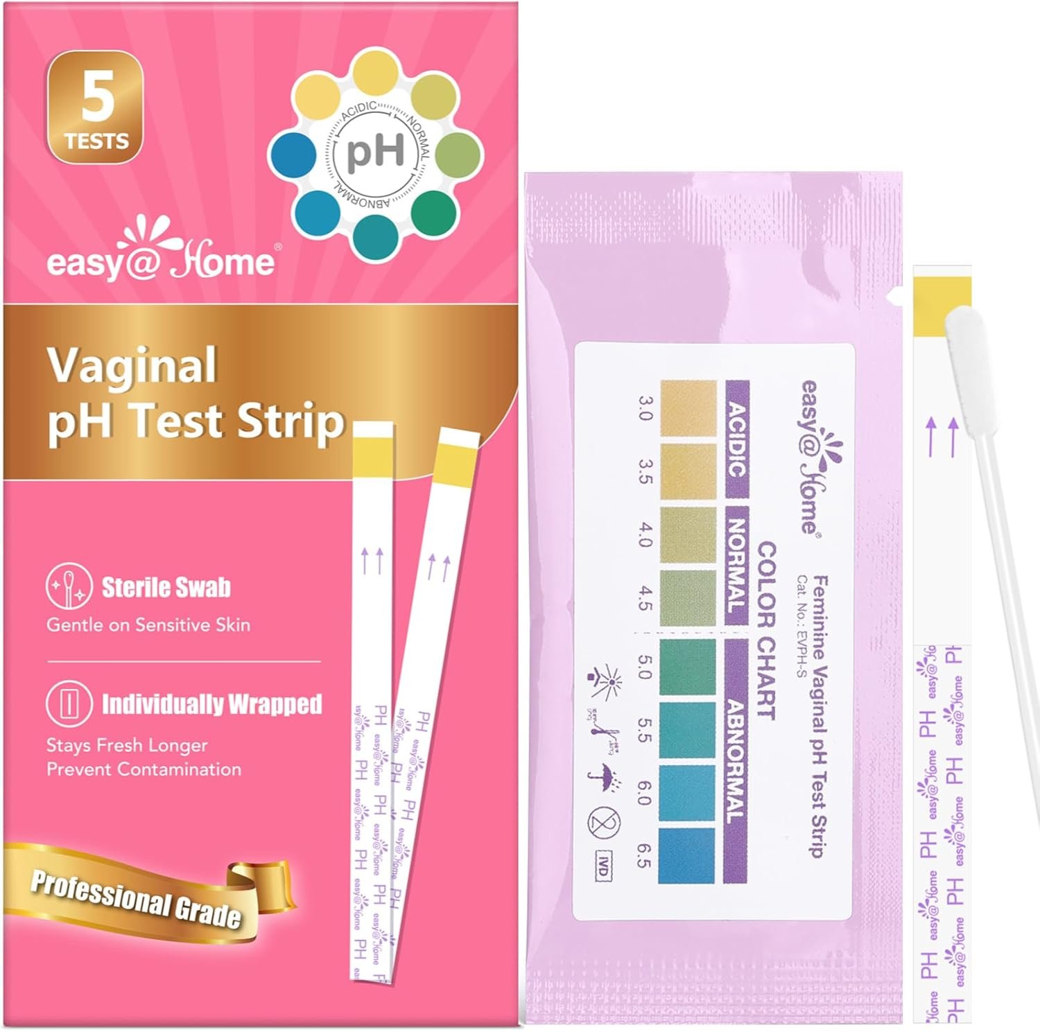 Easy@Home Vaginal pH Test Strips: [5 Pack] Yeast Infection & BV (Bacterial Vaginosis) Testing Kit for Women with Swabs, Feminine pH Balance Health Tests, at Home pH Level Tester #EVPH-S