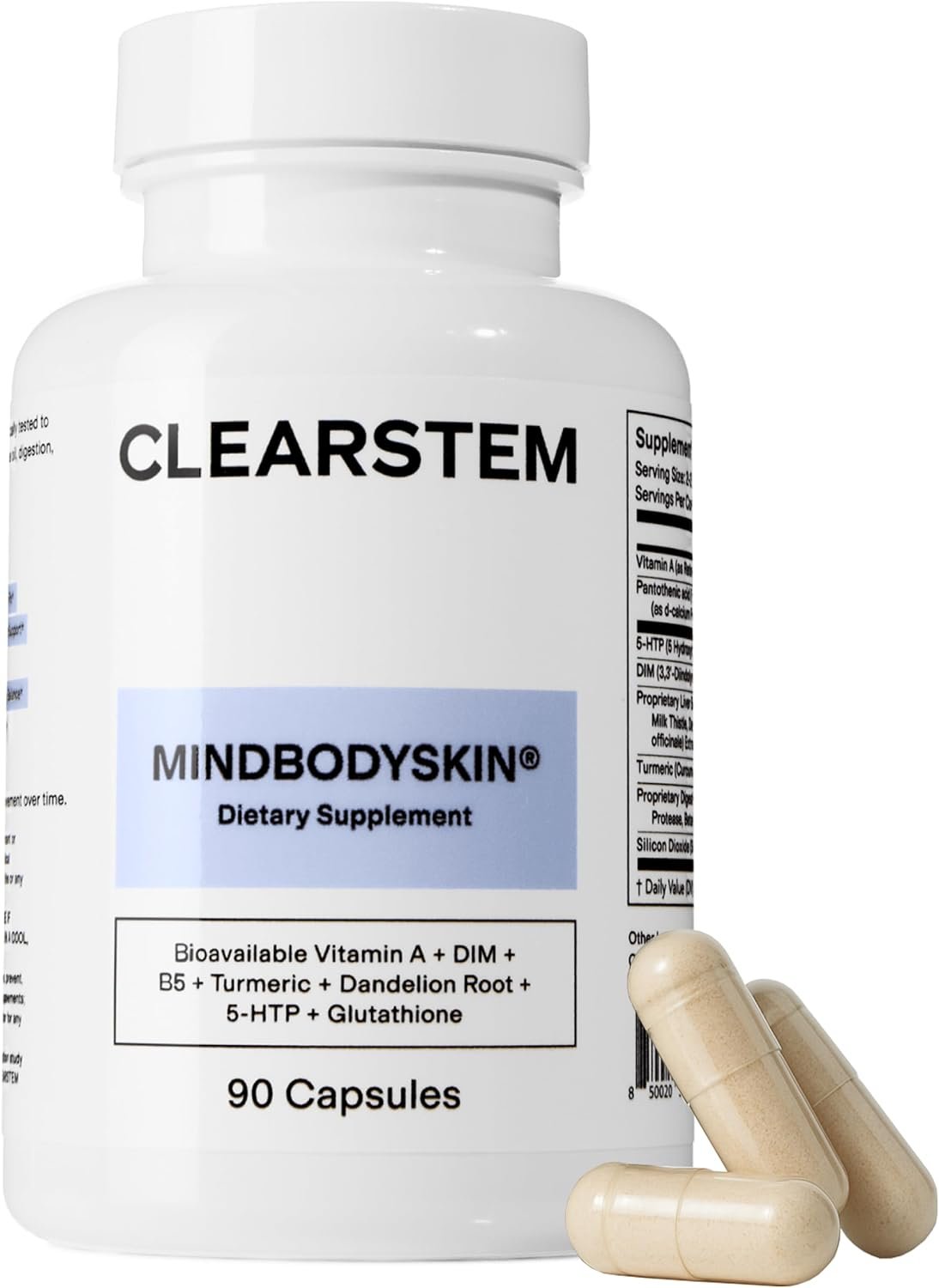 CLEARSTEM – MINDBODYSKIN Hormonal Acne Supplement (5-HTP) – Natural DIM Supplement – Skin Care Vitamins – Hormone Balance, Antioxidants – Gluten Free, Cruelty Free – 30 Servings, 90 Capsules