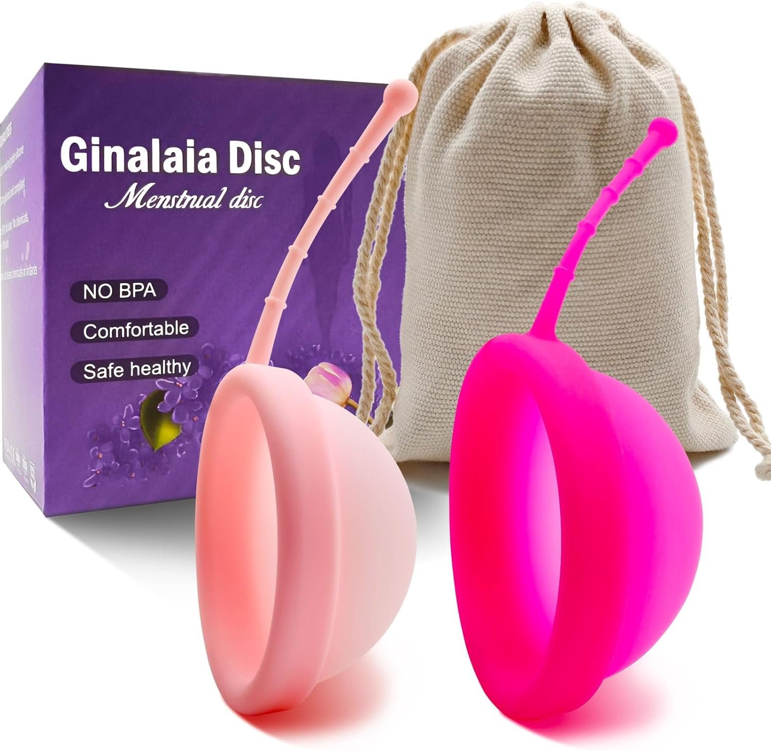 Reusable Menstrual Disc, Ultra-Soft Medical-Grade Silicone Period Disc for Women Wear 12 Hours 2 Size for Light & Heavy Flow Removal String (Red+Pink, L+S)