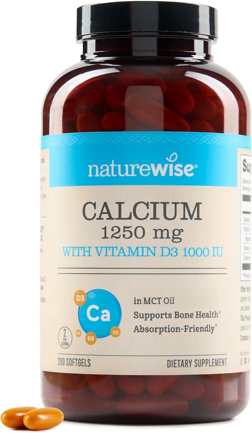 NatureWise High-Purity, All-Natural Calcium 1250mg + Vitamin D3 1000IU + Organic MCT Coconut Oil – Pregnancy Safe + Non-GMO – Absorption Friendly, Gluten Free – 200 Softgels[100-Day Supply]