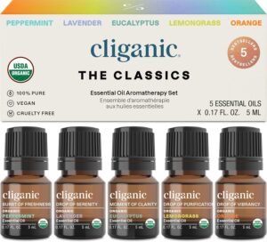 Cliganic Organic Essential Oils Set (Top 5 – The Classics) – 100% Pure Natural – Aromatherapy, Candle Making – Peppermint, Lavender, Eucalyptus, Lemongrass & Orange