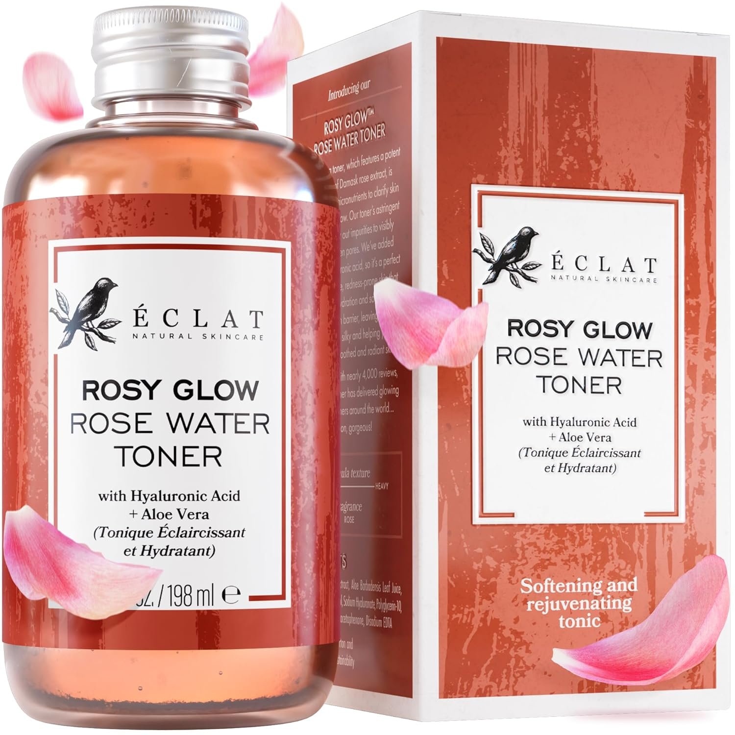 Eclat Skincare Rose Water Toner – Hydrating Toner for Face – Rosewater with Hyaluronic Acid & Aloe Vera – Alcohol Free & Skin Soothing Formula – Rejuvenating & Calming Facial Skin Care