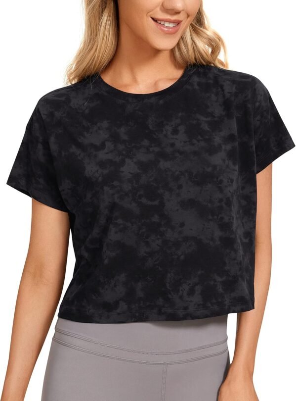 CRZ YOGA Pima Cotton Relaxed Crop T-Shirts for Women – Workout Athletic Gym Casual Short Sleeve Shirts Loose Crewneck Tops