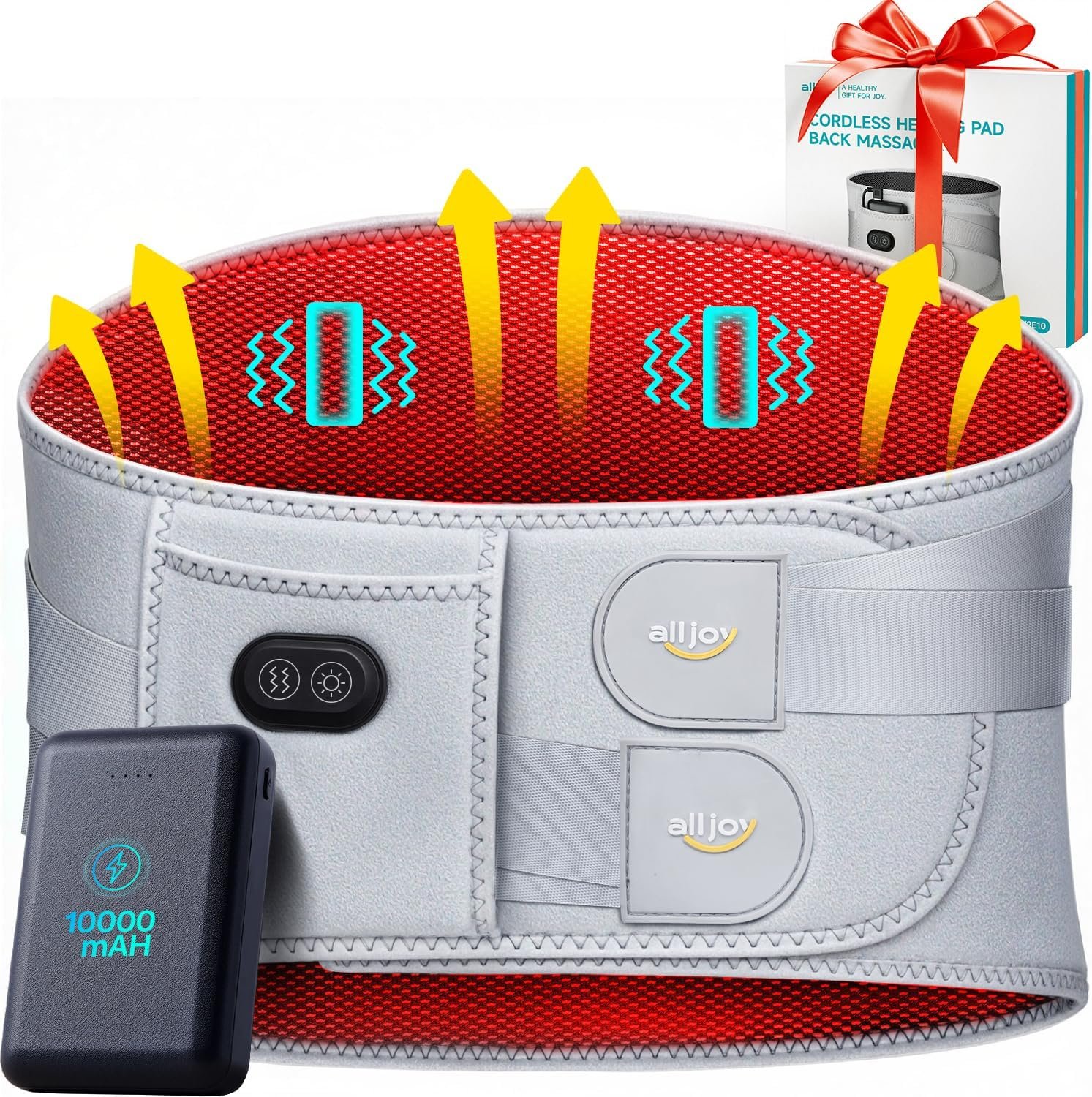 ALLJOY 67″ Cordless Heating Pad for Back Pain Relief FSA Eligible HSA, 10000mAh Lower Back Massager with 3 Heat 3 Vibration, Portable Heating Pad for Cramps, Birthday Gifts for Women Men Mom Dad
