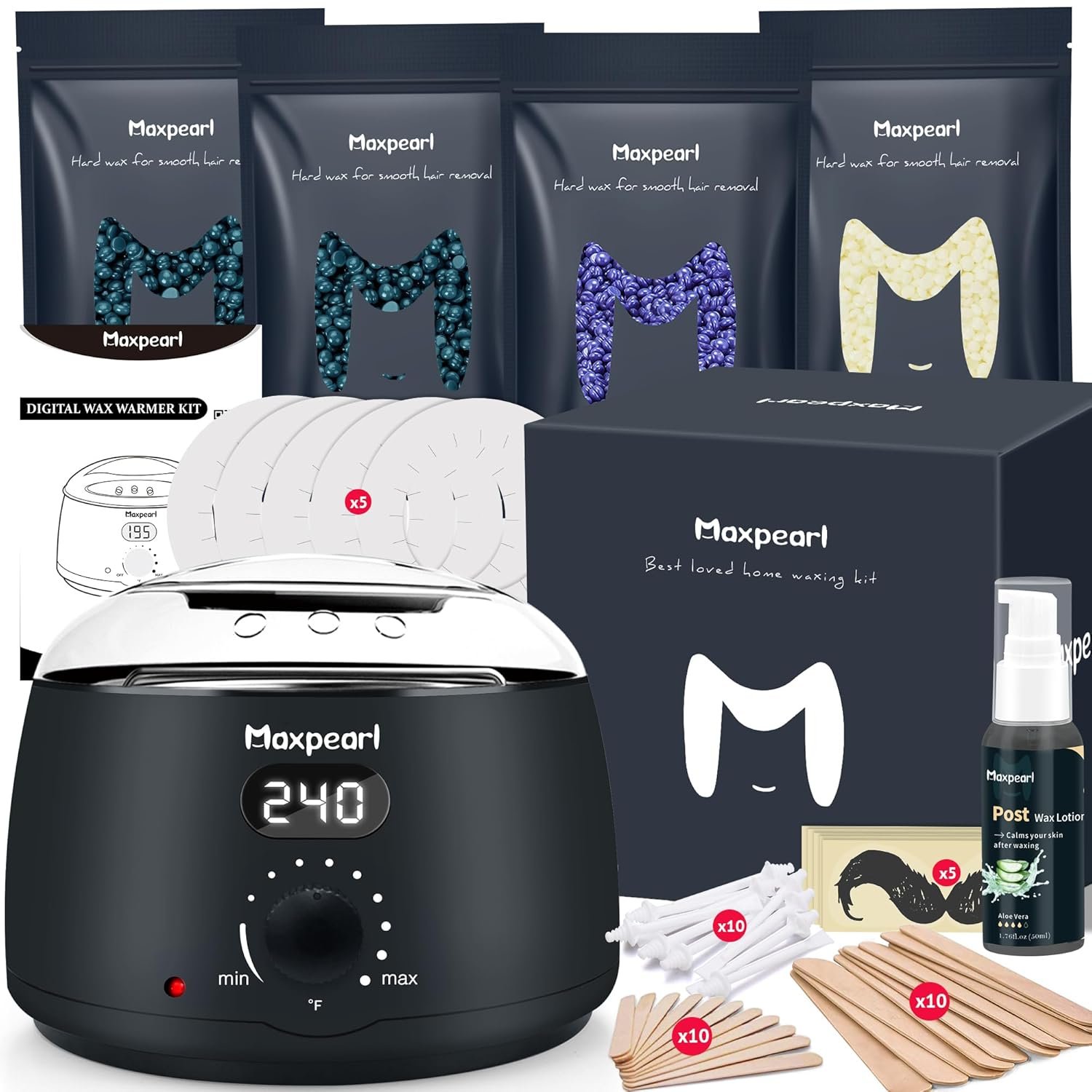 Maxpearl Digital Waxing Kit – Women Men Hard Wax Melt Warmer Kit for Hair Removal – Sensitive Skin, Eyebrows, Face, Underarms, Brazilian, Bikini, Legs