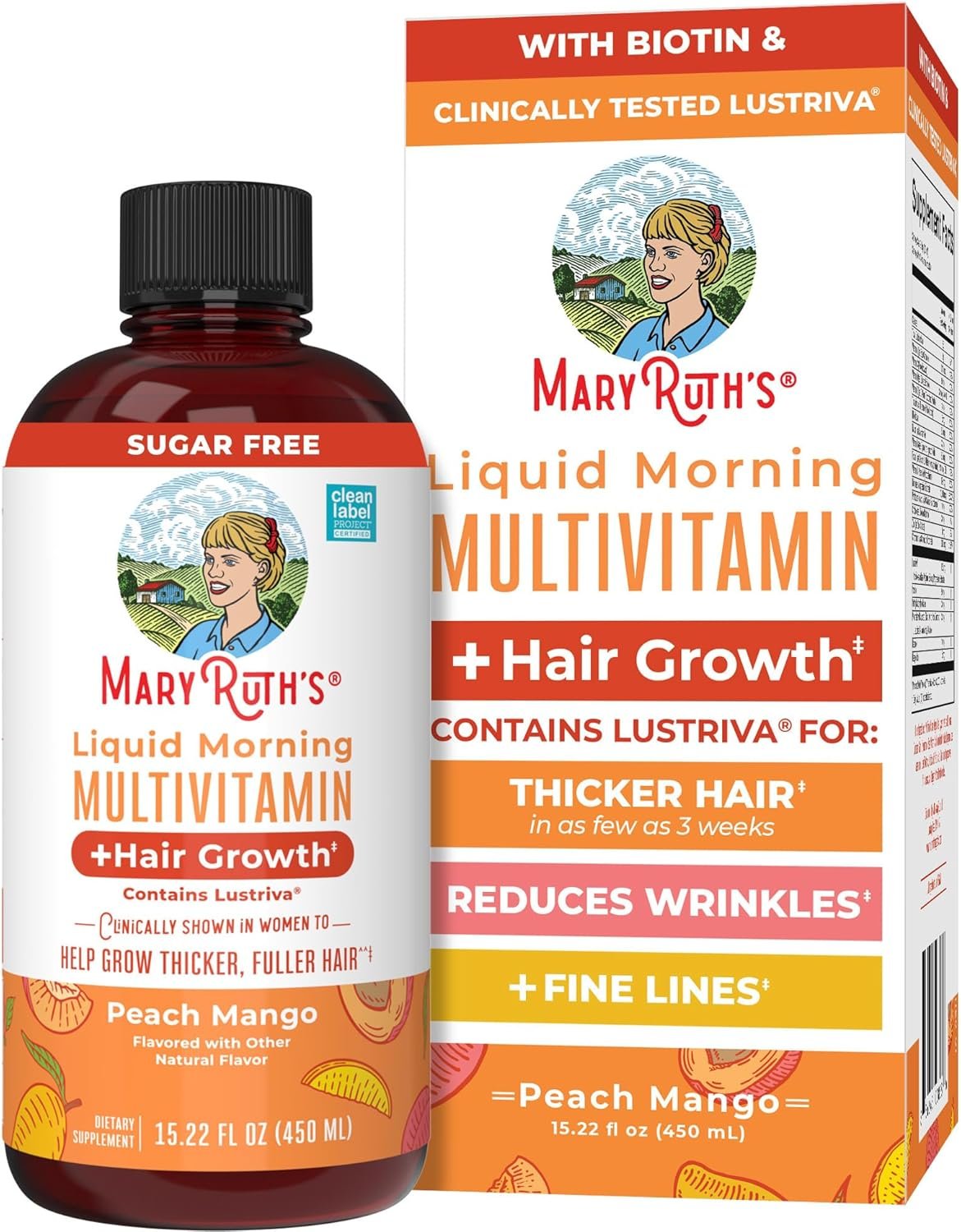 MARYRUTH’S Liquid Multivitamin+Hair Growth | Biotin 10000mcg | Lustriva Hair Growth Supplement | Clinically Tested in Women for Thicker Hair&Facial Wrinkle | Skin Care | Ages 18+ | 15.22 Fl Oz