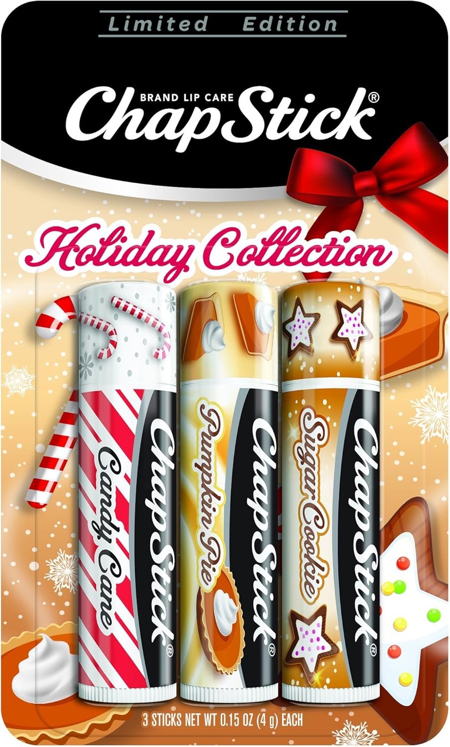 ChapStick Holiday Collection, Lip Balm Tube, 0.15 Ounce Each (Candy Cane, Pumpkin Pie & Sugar Cookie Flavors, 1 Blister Pack of 3 Sticks, Great Gifts for Women